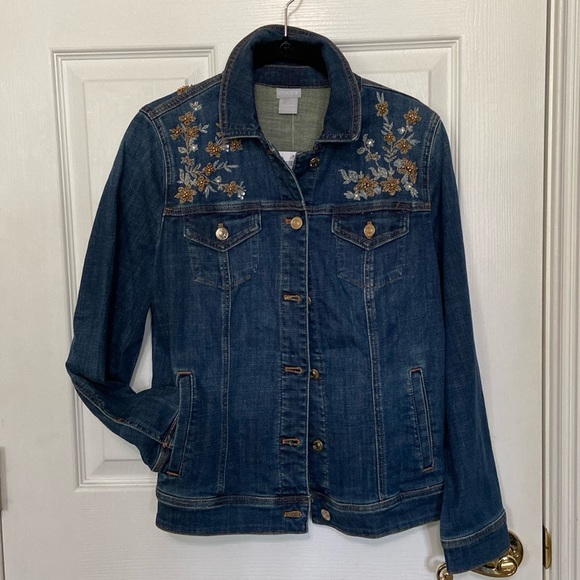 Chico's Jackets & Blazers - NWT Chico's Embellished Floral Gold Pearls and Beaded Denim Jacket Size O